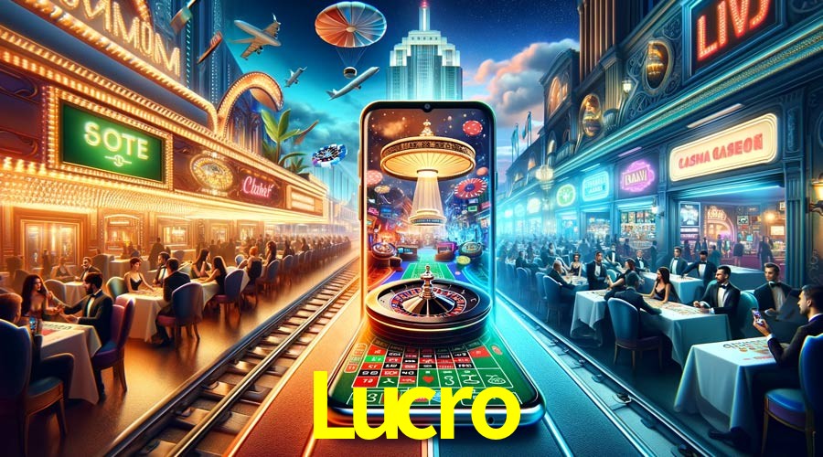 Una escena digital vívida inspirada en casino con Lucro mostrado prominentemente, luces brillantes, fichas, cartas y acentos dorados.